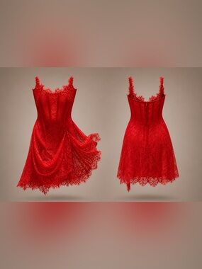 Red Lace Beaded Slip Dress - Elegant Women's Evening Dress